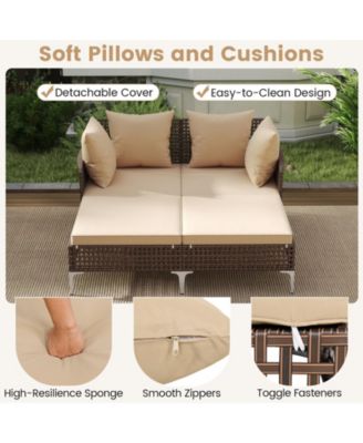 Outdoor Rattan Double Daybed Wicker Chaise Lounge for 2 w/ Seat & Back Cushions