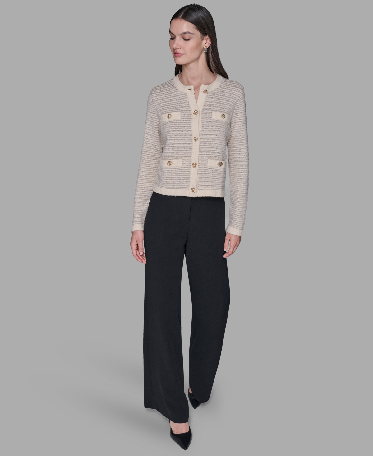 Karl Lagerfeld Petite 4-pocket Long Sleeves Cardigan Sweater In Neutral