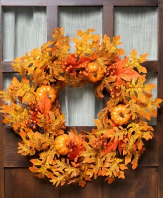 Fall Leaves Pumpkins And Berries Artificial Thanksgiving Wreath Unlit, 22"