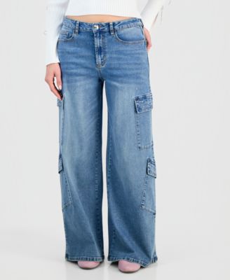 Juniors' High-Rise Embellished Cargo Jeans 