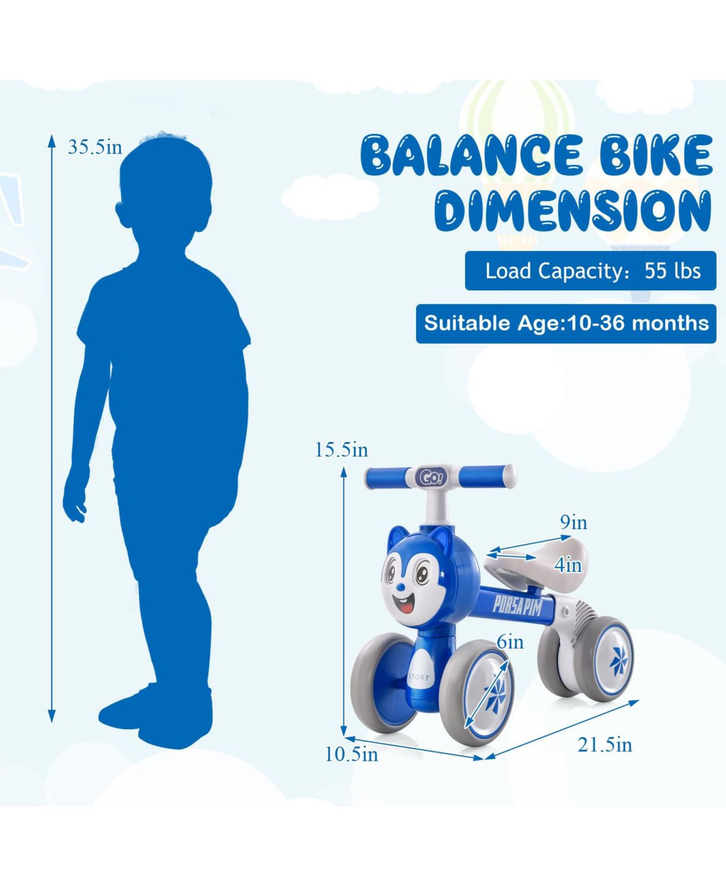 Детская игрушка Mecale Baby Balance Bike No Pedal Lightweight, 21.5"L x 10.5"W x 15.5"H, Ages 10-36 Months, цвет: Синий — фото 3
