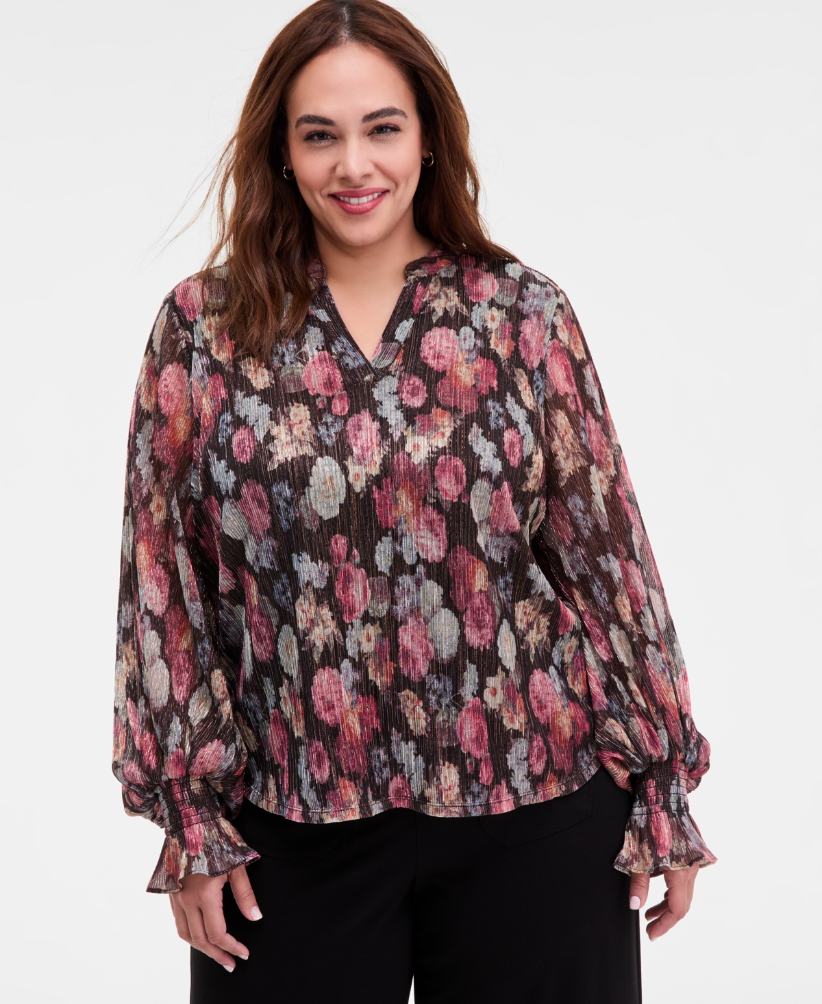 Vince Camuto Plus Size Long-sleeve V-neck Top In Multi