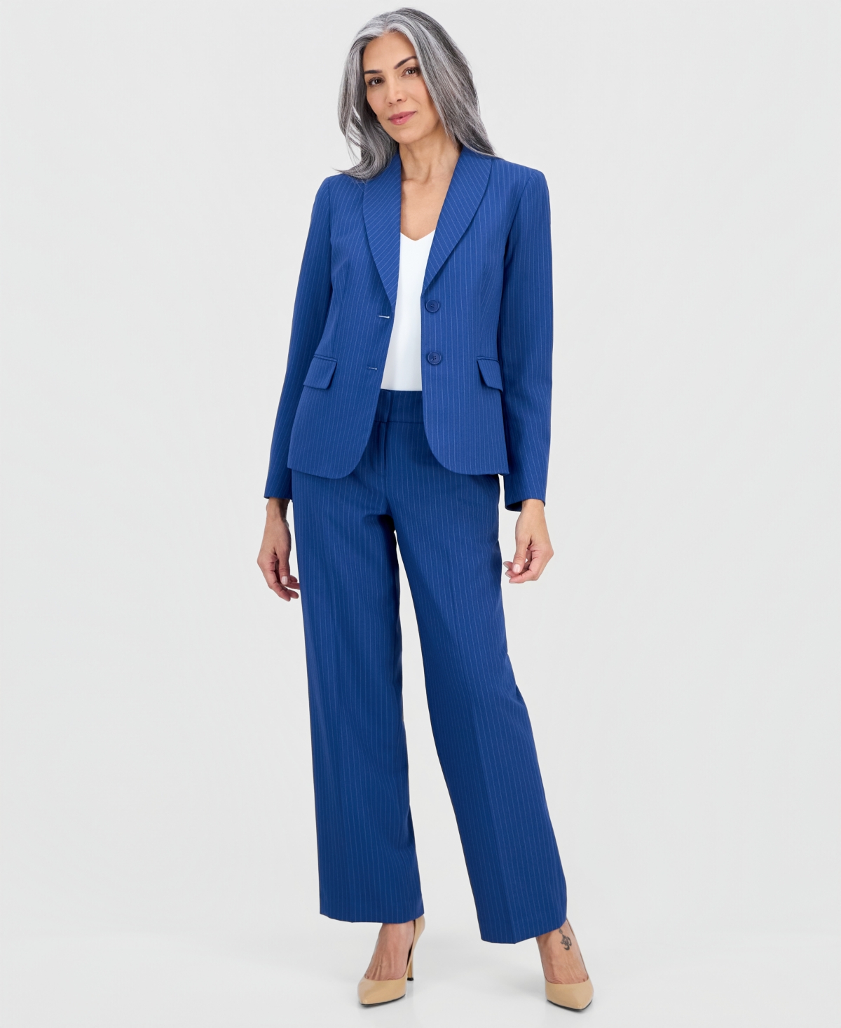 Le Suit Women's Shawl-collar Mid-rise Pantsuit In Blue