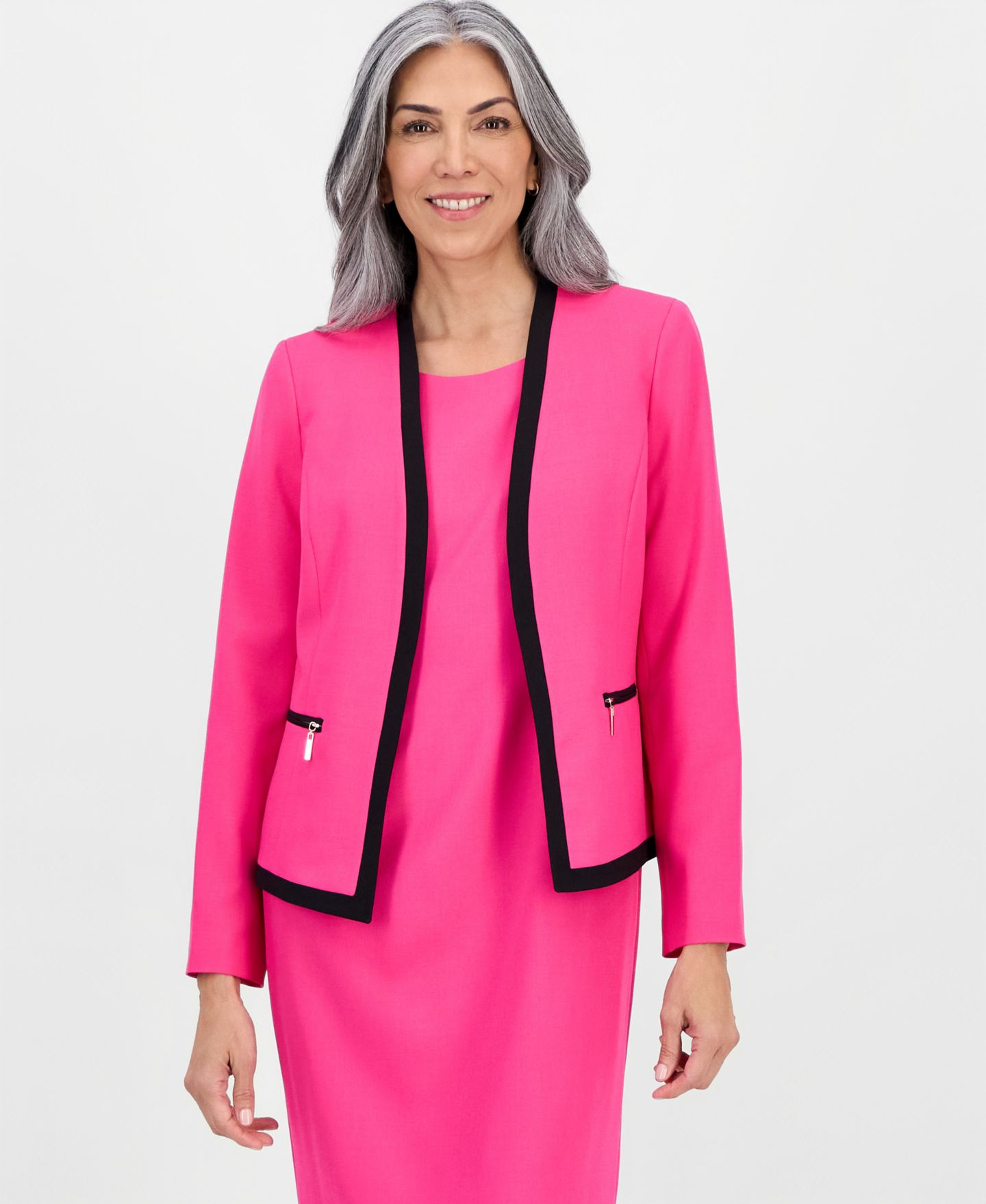 Женские платья Le Suit Collarless Open-Front Ponte Jacket & 2 Piece Dress Suit, Regular & Petites, цвет: Синий ночной / Чёрный — фото 7