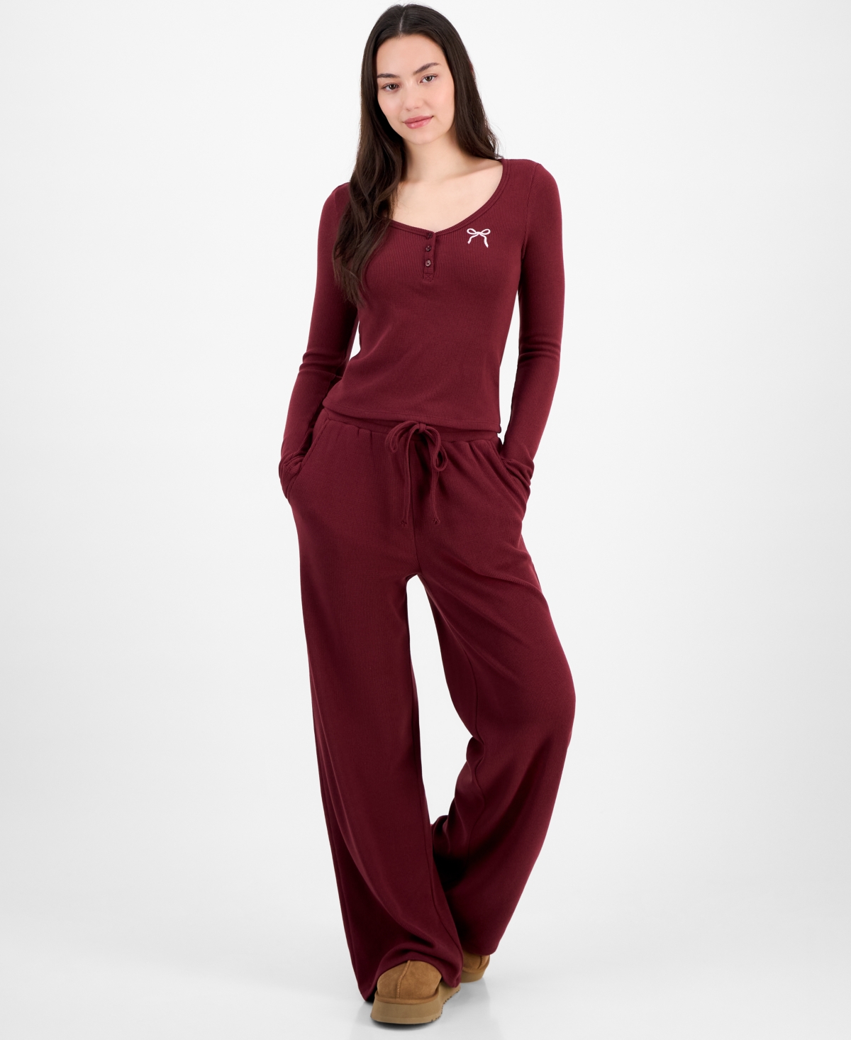 Madden Girl Juniors' Hacci-knit Wide-leg Sweatpants In Burgundy