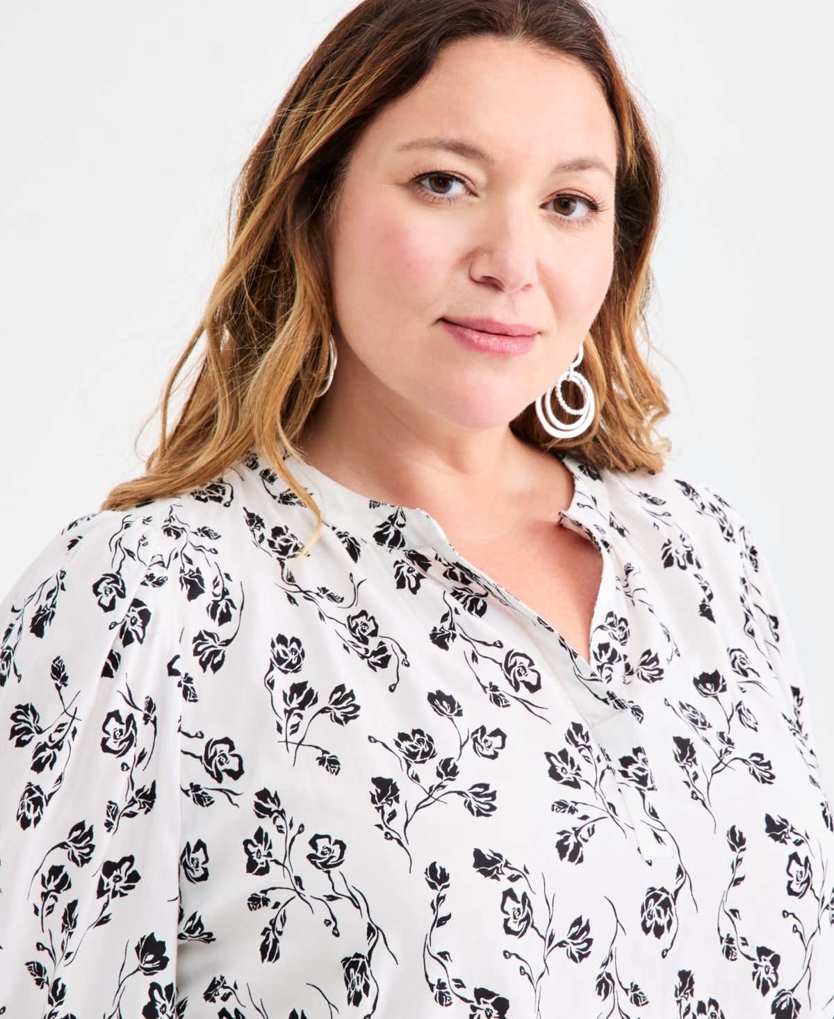 Style & Co Plus Size Printed Split-neck Popover Top, Macy's Exclusive In White