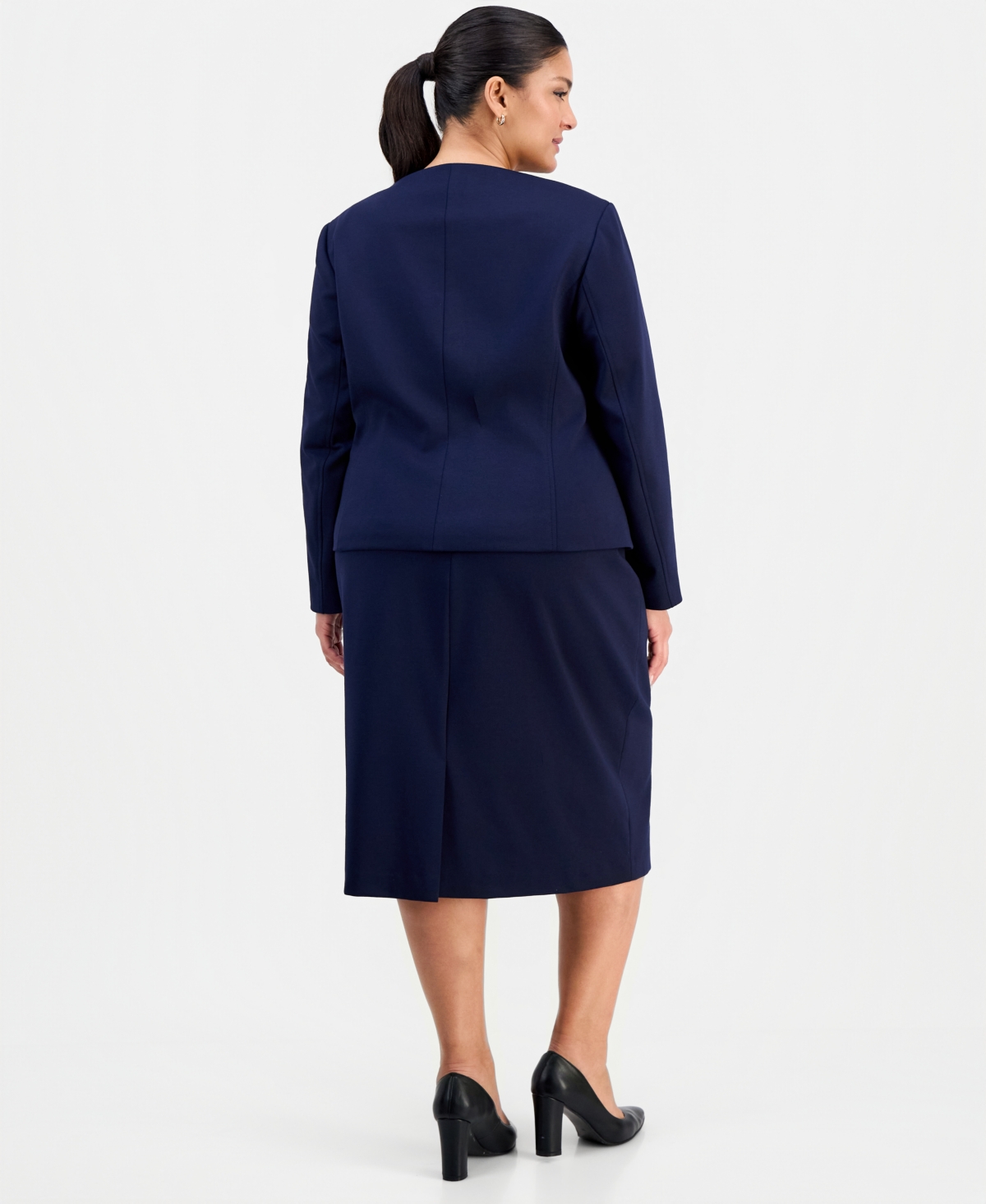 Le Suit Plus Size Square-neck Button-front Skirt Suit In Blue