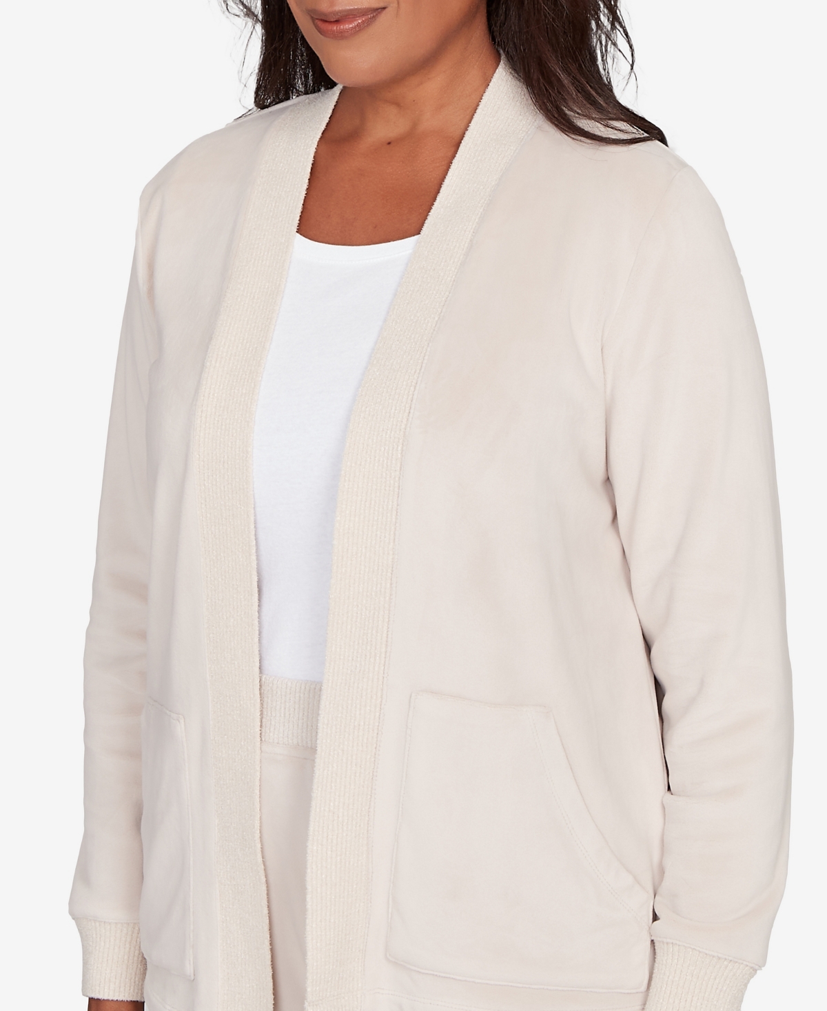 Alfred Dunner Petite Calm Luxe Open Front Rib Trim Cardigan In Neutral