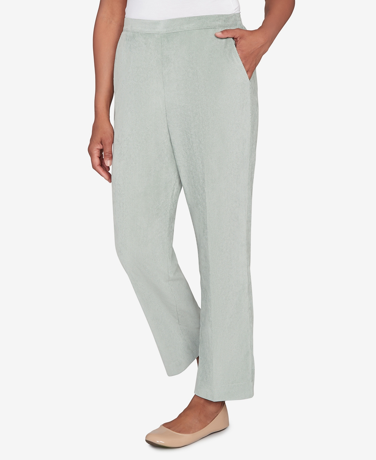 Alfred Dunner Petite Stockbridge Pull-on Corduroy Flat Front Average Length Pants In Green