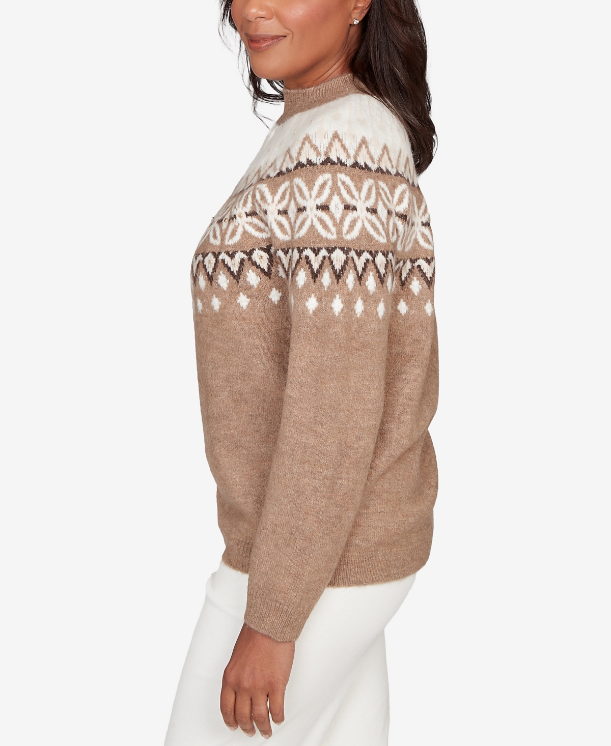 Alfred Dunner Petite Vienna Fair Isle Gold Studded Sweater In Brown
