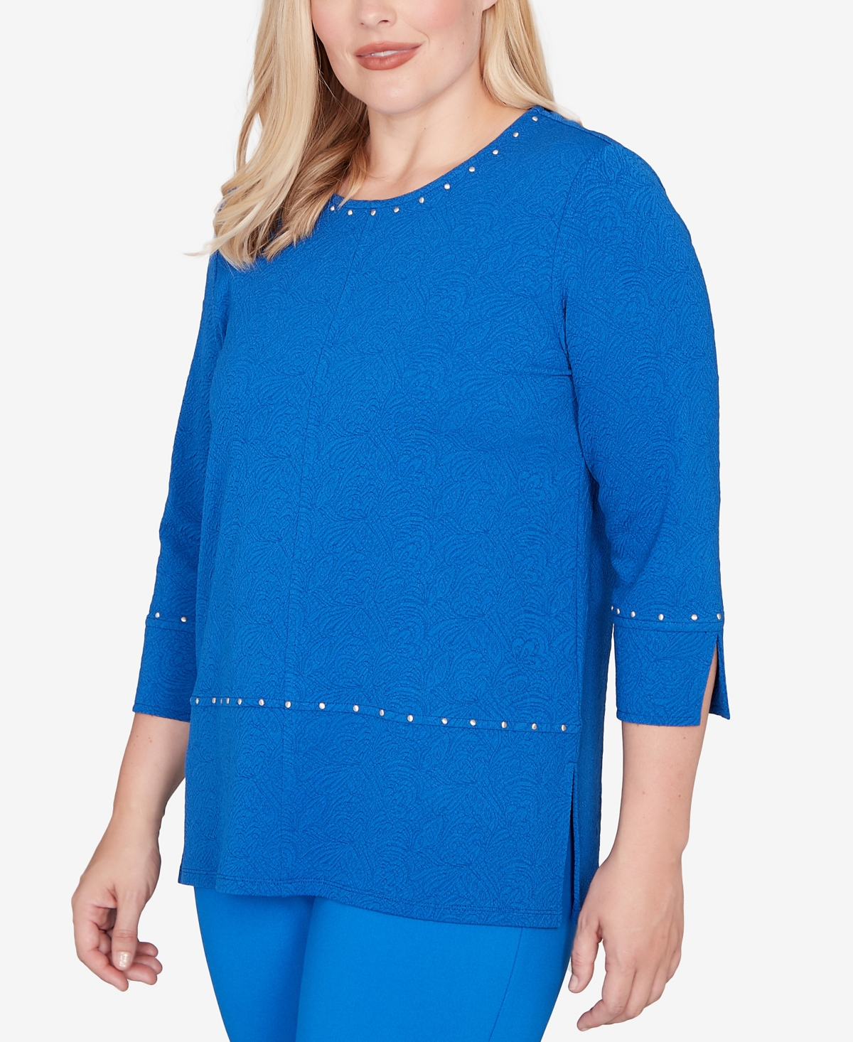 Alfred Dunner Petite Barcelona Solid Floral Jacquard Knit Top In Blue