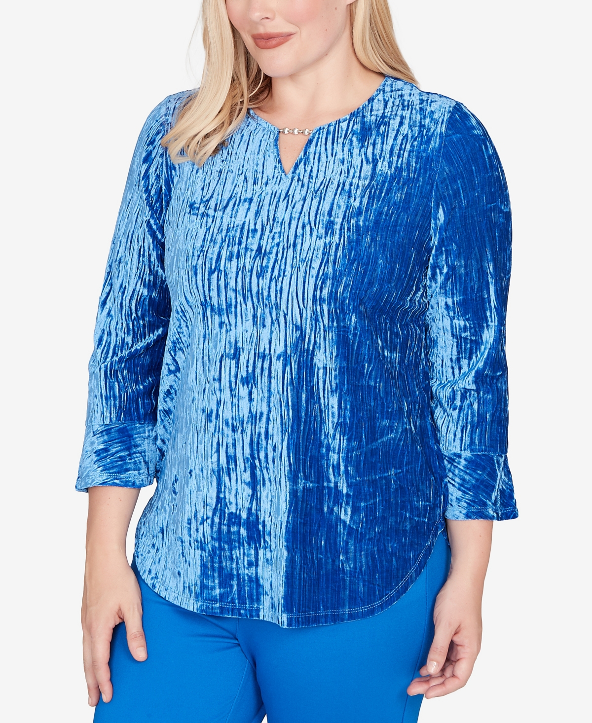 Alfred Dunner Petite Barcelona Crushed Velvet Keyhole Bell Sleeve Top
