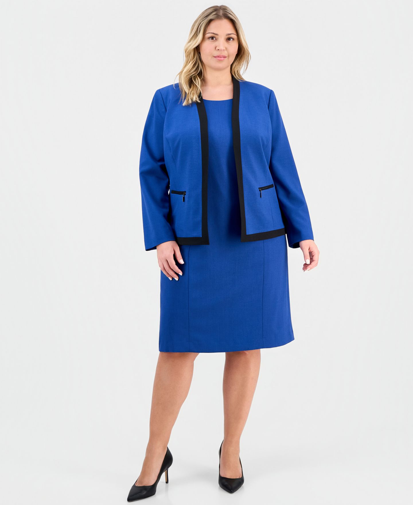 Женские платья Le Suit Plus Size Collarless Open-Front Ponte Jacket & 2 Piece Dress Suit, цвет: Синий ночной / Чёрный — фото 2