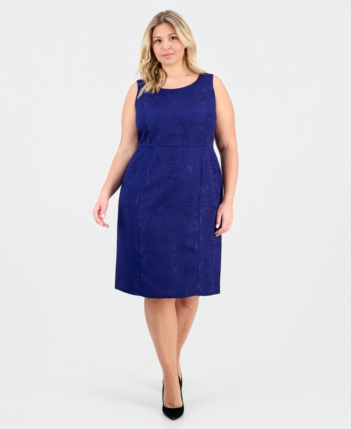 Le Suit Plus Size Floral-jacquard Topper & Sheath Dress Set In Blue
