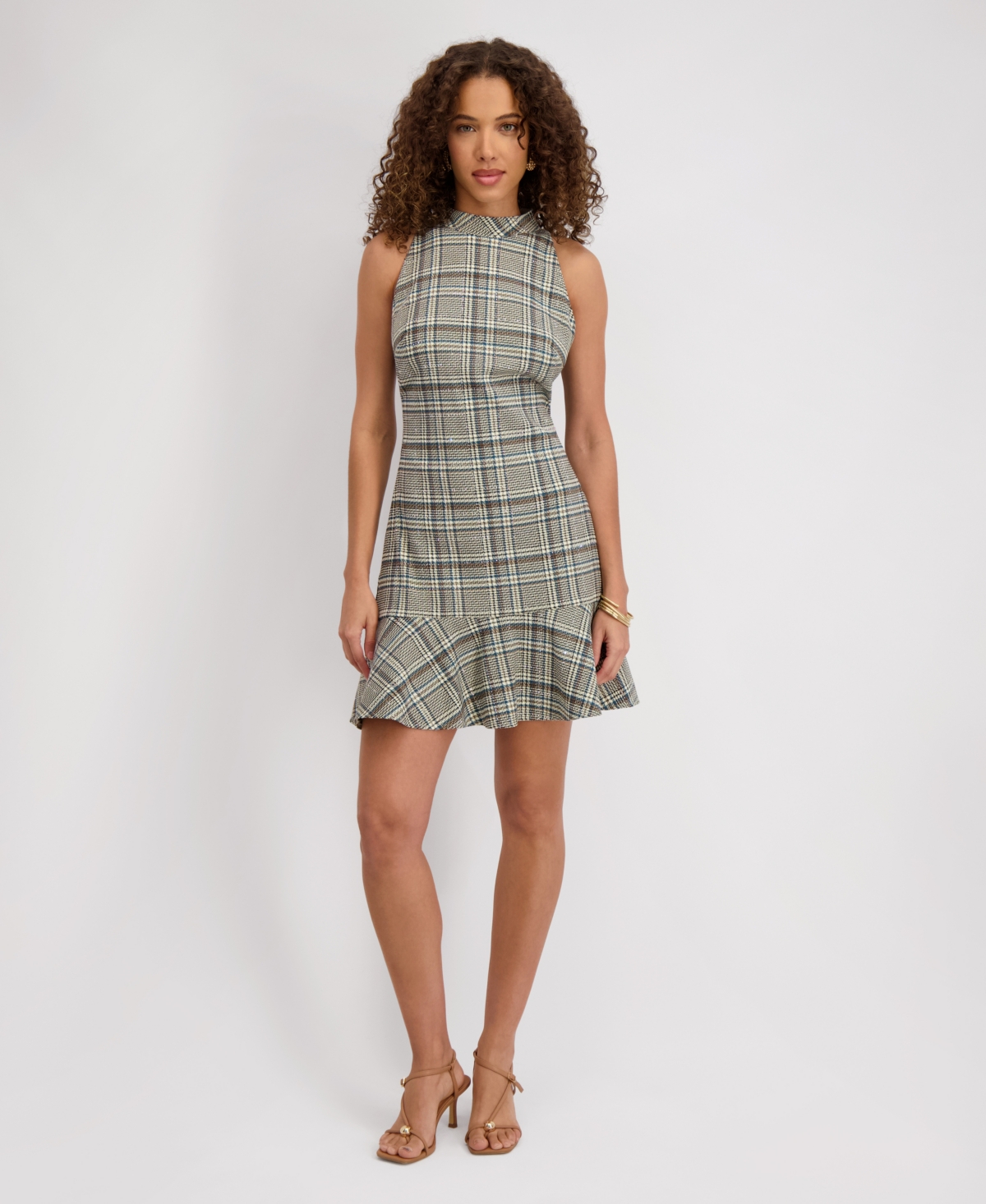 kensie Women's Mock Neck Sleeveless Plaid Woven Dress