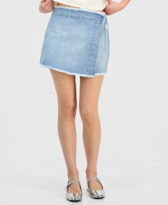 Juniors' Embellished Denim Wrap Skirt