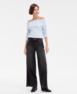 Juniors' Studded Wide-Leg Jeans