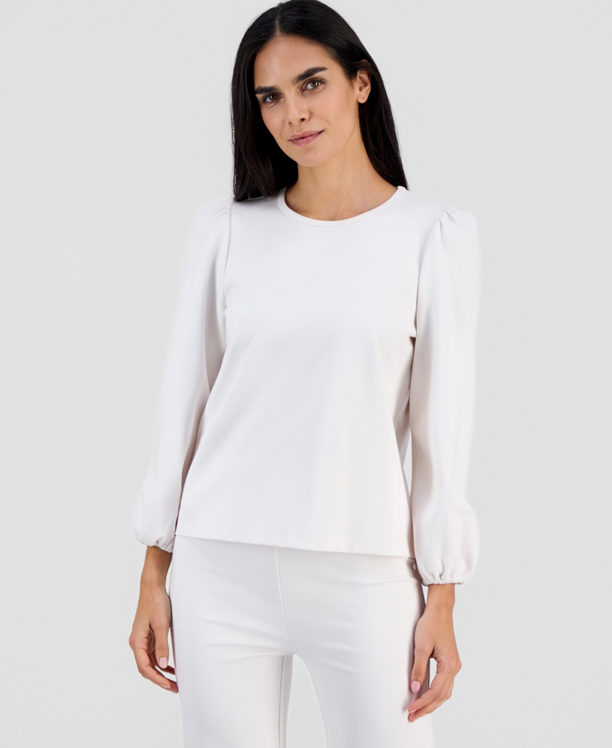Ak Anne Klein Petite Serenity Knit Long-sleeve Top In White