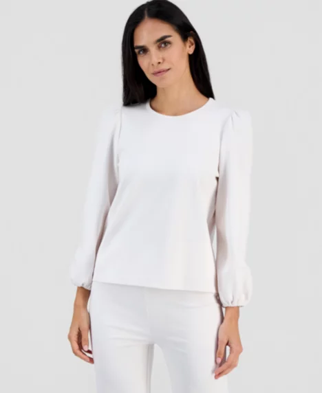 AK Anne Klein Petite Serenity Knit Long-Sleeve Top - White Dove