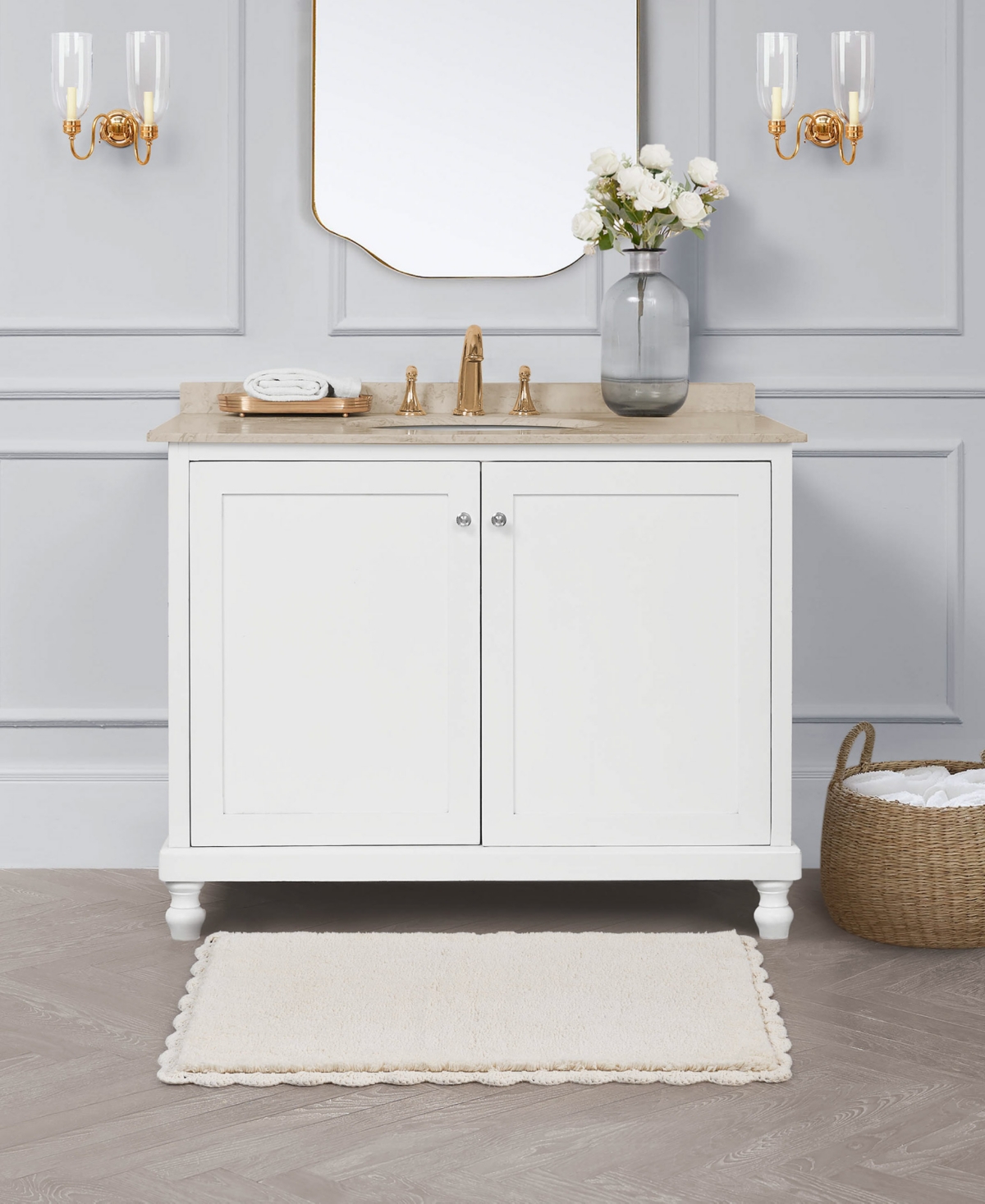 Laura Ashley Heathered Crochet Border Cotton Bath Rug, 20" X 32" In Neutral