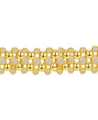 14k Gold Plated with Cubic Zirconia French Pave Medallion Mesh Link Bracelet