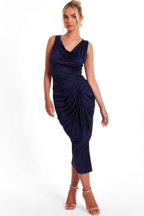 Женское платье QUIZ Cowl Neck Ruched Hardware Midi, цвет: Тёмно-синий