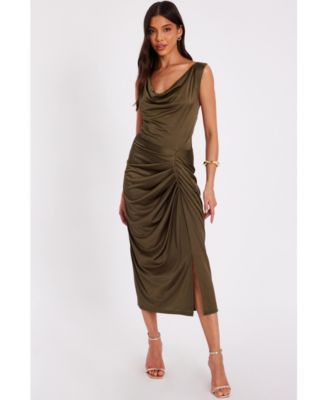 Women's Cowl Neck Ruched Hardware Midi Dress