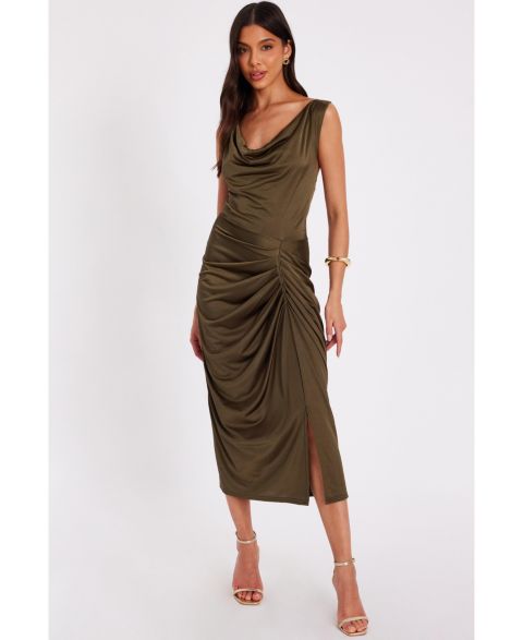 Женское платье QUIZ Cowl Neck Ruched Hardware Midi, цвет: Хаки