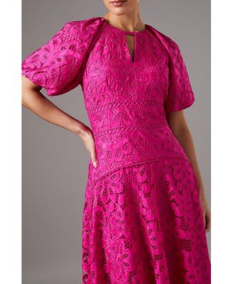 Women's Lace Hanky Hem Puff Sleeve Dress