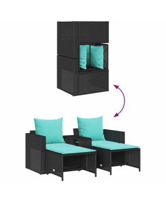 5 Piece Patio Sofa Set with Cushions Stackable Black Poly Rattan