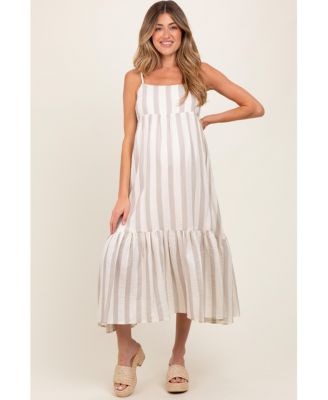 Beige Wide Stripe Linen Blend Sleeveless Maternity Maxi Dress