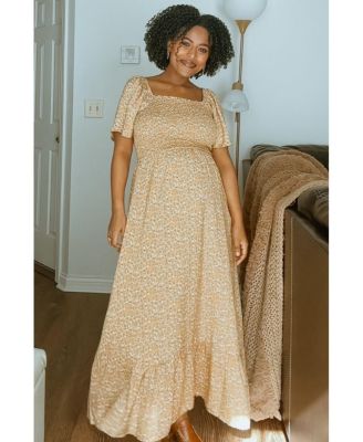 Maternity Mustard Floral Smocked Maxi Dress