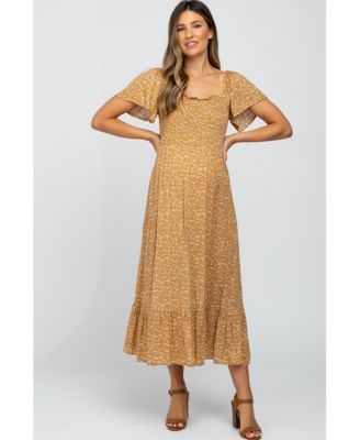 Maternity Mustard Floral Smocked Maxi Dress