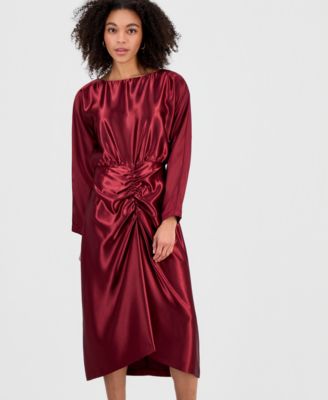Women's Ruched Dolman-Sleeve Boat-Neck Midi Dress