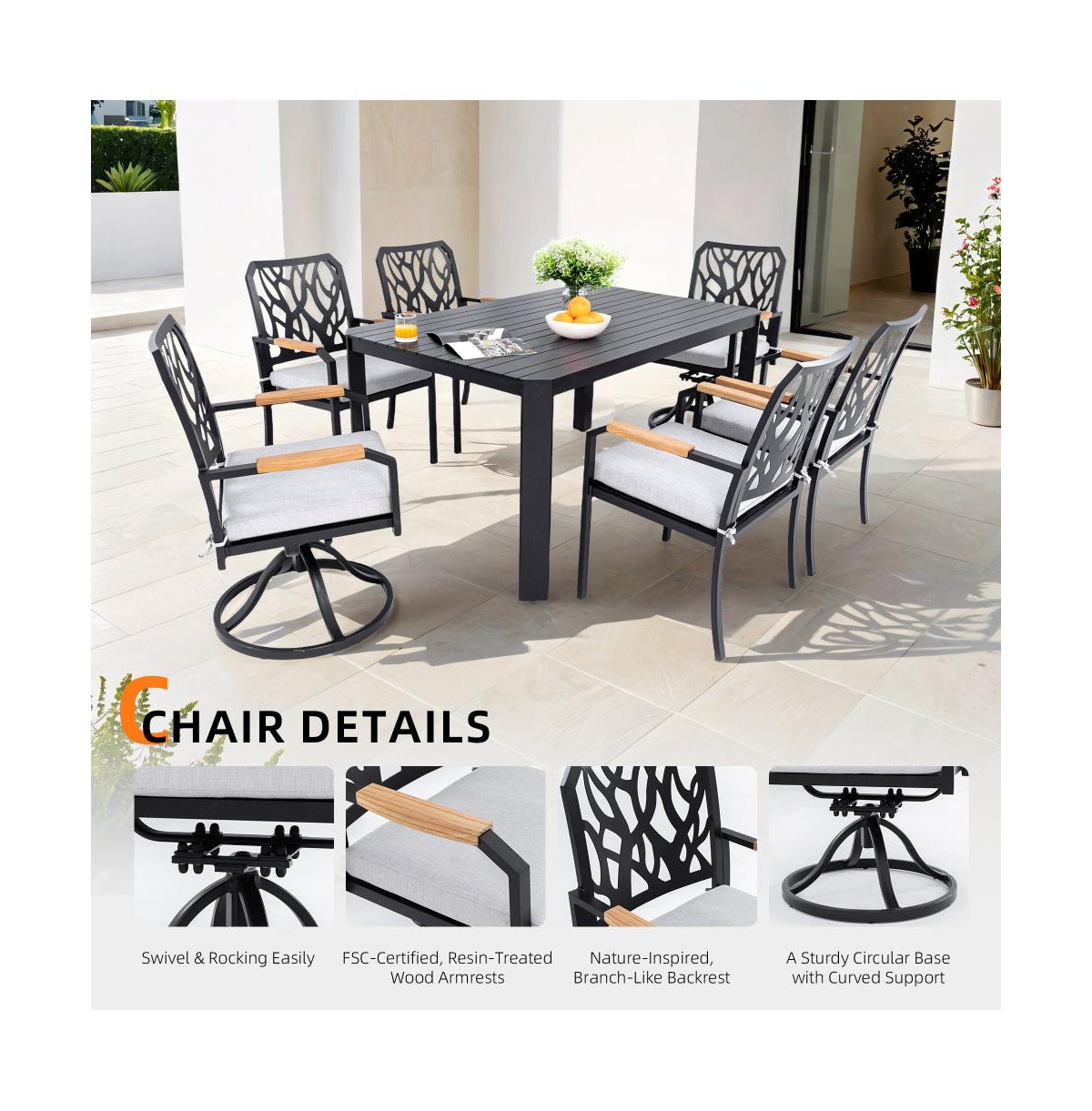 Chic Crate - 7-Piece Aluminum Patio Furniture Set - Modern Outdoor Dining with 4 Chairs & 2 Swivel Rockers
