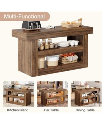 55-Inch Kitchen Island with Storage, Farmhouse 3-Tier Stationary Island Table