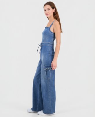 Juniors' Tie-Waist Denim Wide-Leg Jumpsuit