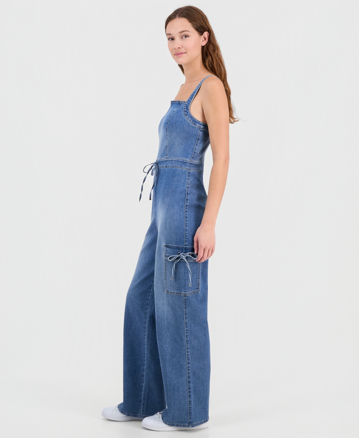 Tinseltown Juniors' Tie-Waist Denim Wide-Leg Jumpsuit