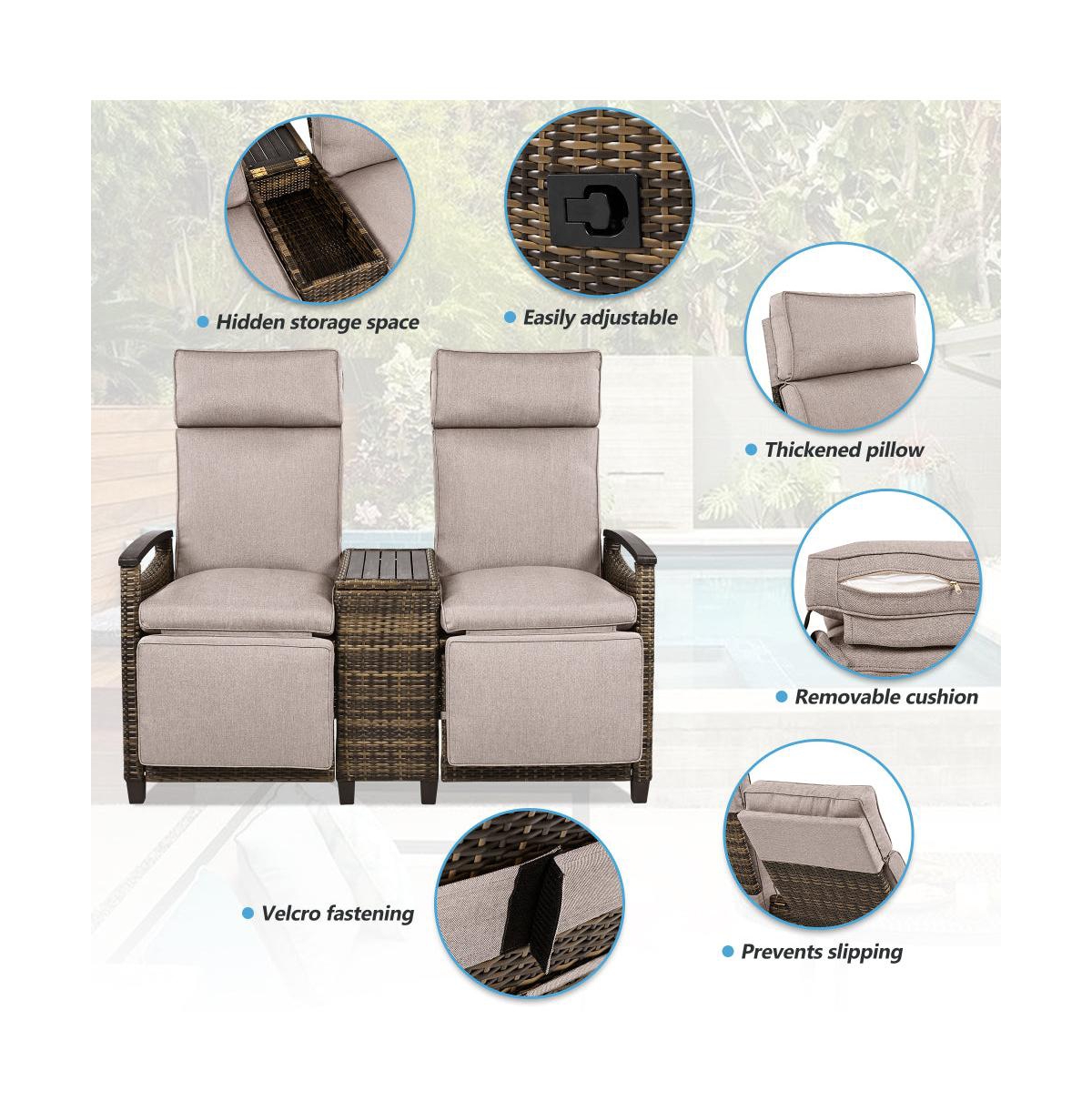 Chic Crate-Adjustable Backrest Wicker Outdoor Recliner Loveseat Set with Acacia Wood Armrests & Built-in Storage Table (Brown)