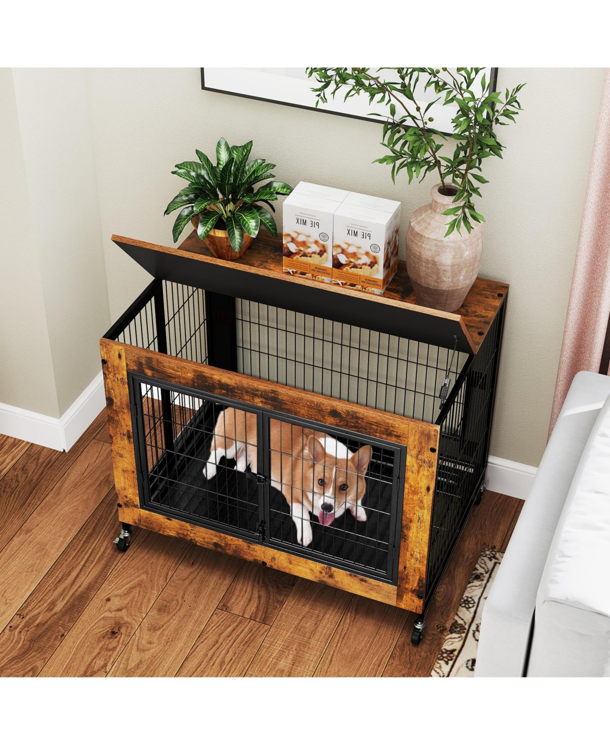 Gymax Dog Crate Furniture Industrial Dog Kennel w/ Flip-up Top Decorative Pet House