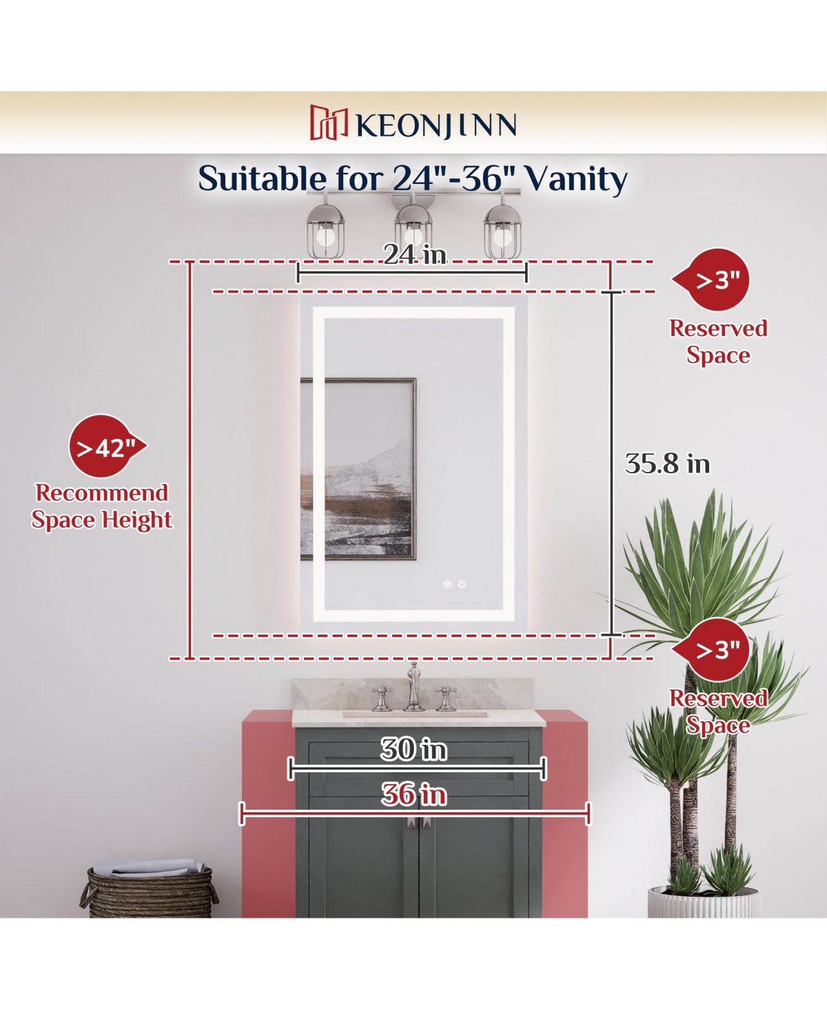 keonjinn Inch Led Bathroom Vanity Mirror Tempered Glass Front & Backlit Dimmable 3 Color Lighted Mirror Anti-fog Memory Function Frameless