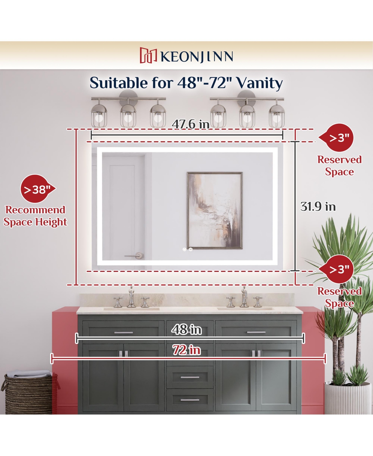 keonjinn Inch Led Bathroom Vanity Mirror Tempered Glass Front & Backlit Dimmable 3 Color Lighted Mirror Anti-fog Memory Function Frameless