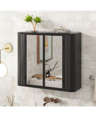 Black Wall-Mounted Vanity 2 Mirrored Doors & Open Shelf