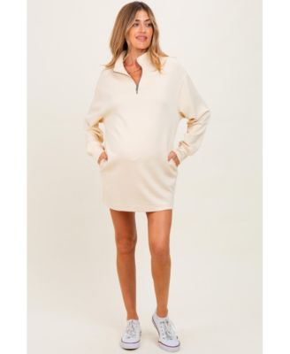 Maternity Cream Half Zip Long Sleeve Mini Dress