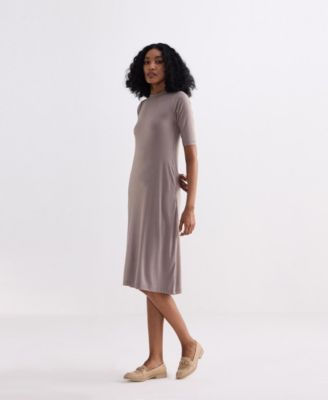 Women's High Crew Neck Elbow Sleeves Fitted Dress in Dusty Brown