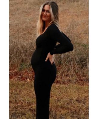 Maternity Black Ribbed Long Sleeve Square Neck Maxi Dress