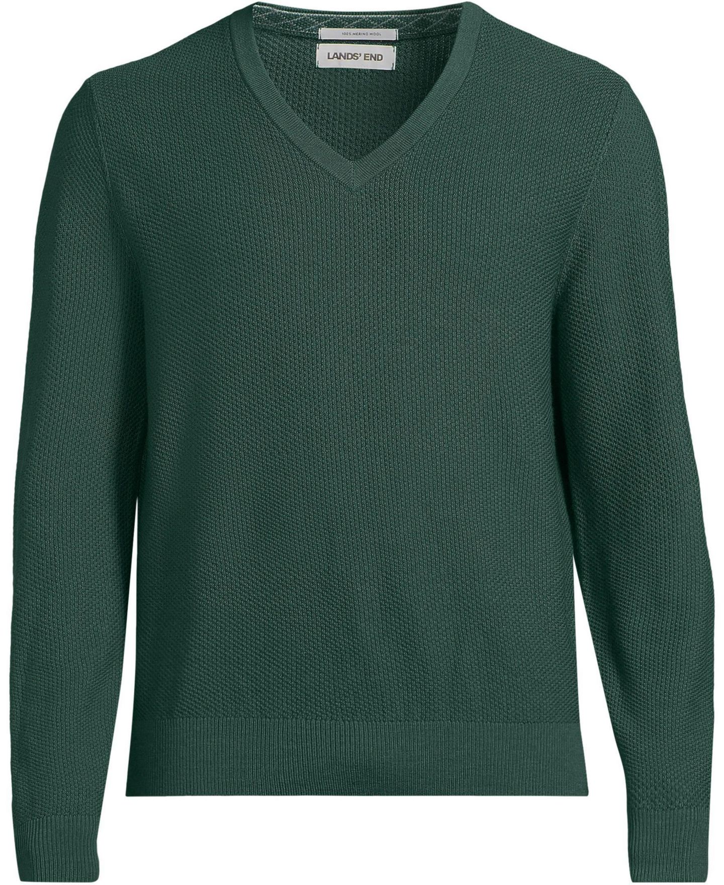 Мужской свитер Lands' End Long Sleeve Washable Merino Wool V-neck, цвет: Тёмный вечнозелёный — фото 3