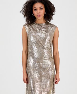 Women's Metallic Jersey Ruched Sleeveless Gown