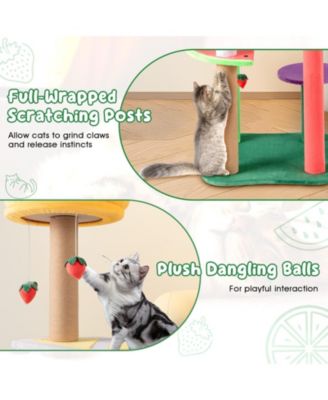 45'' Tall Cat Tree w/ Plush Padded Top Perch Fruit-Shaped Platforms Dangling Balls