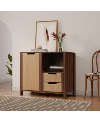 Walnut Finish Storage Cabinet with Rope Drawer Front, 1 Door, 2 Drawers, MDF Wood